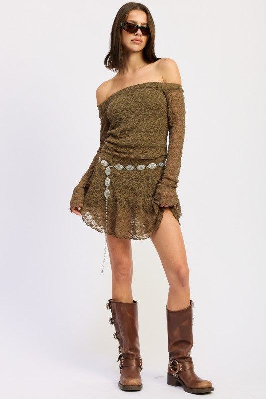 Emory Park Off Shoulder Lace Mini Dress in Olive Green with Long Sleeves and Stylish Belt