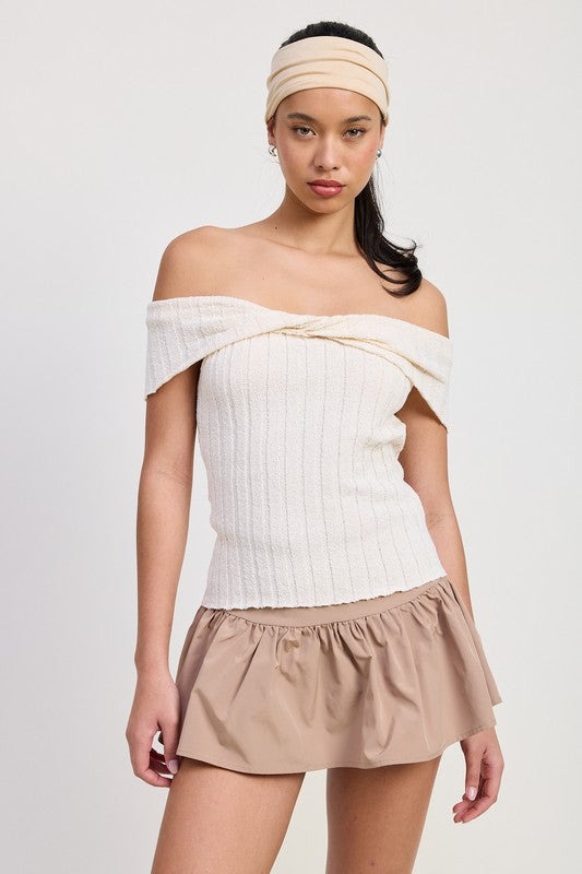 Emory Park off shoulder sweater top in white ribbed knit worn by model with beige headband and skirt