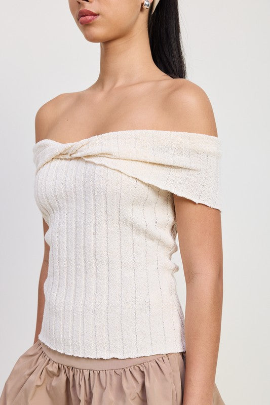 Emory Park off shoulder sweater top in cream with textured rib knit design and folded neckline