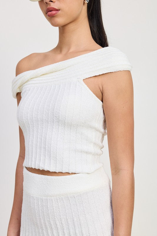 Emory Park off the shoulder knit top in white ribbed fabric worn by model