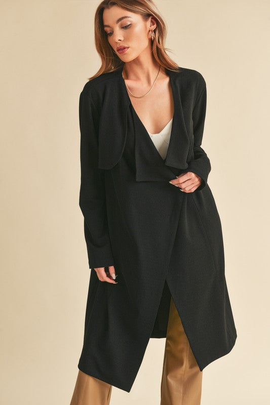 Open Front Longline Coat in Black with a Relaxed Fit and Stylish Design
