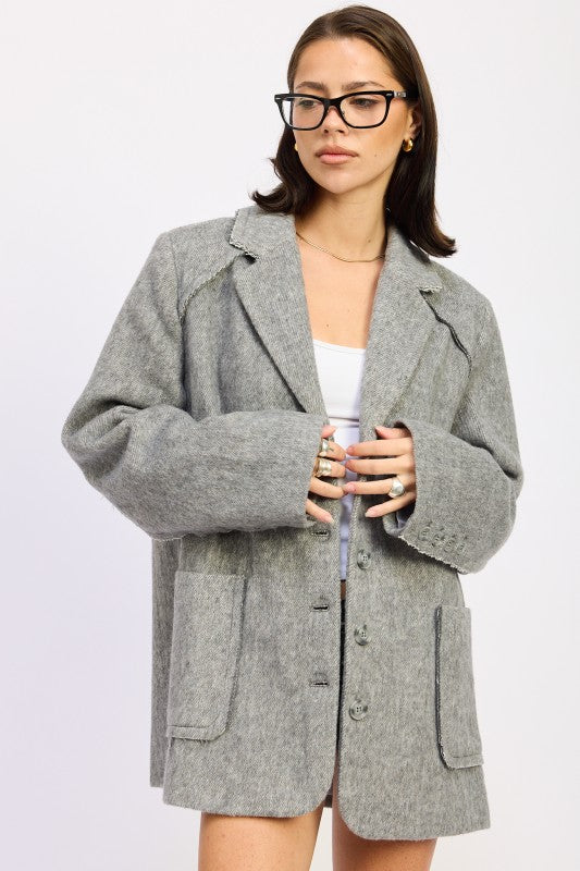 Emory Park Oversized Coat With Pockets in Grey, featuring a relaxed fit and stylish design close up