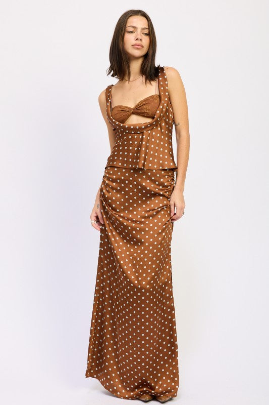 Emory Park Peek A Boo Satin Top in Brown with Polka Dots for Stylish Daywear