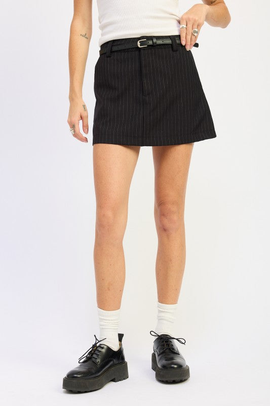 Emory Park Pinstripe Mini Skirt With Belt, stylish black skirt perfect for casual or formal outfits