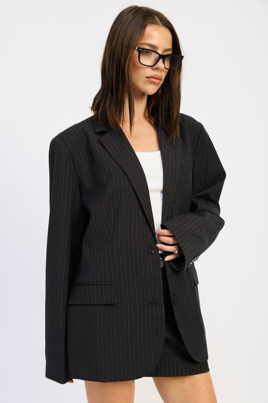 Emory Park Pinstripe Oversize Blazer in Black, perfect for stylish layering and modern office looks
