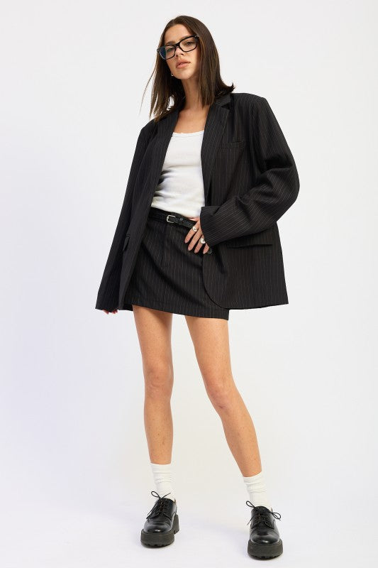 Emory Park Pinstripe Oversize Blazer styled with a matching skirt and casual white top