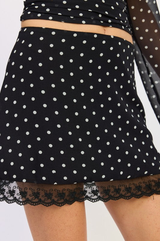 Emory Park Polka Dot Mini Lace Skirt with a black and white polka dot pattern and lace trim
