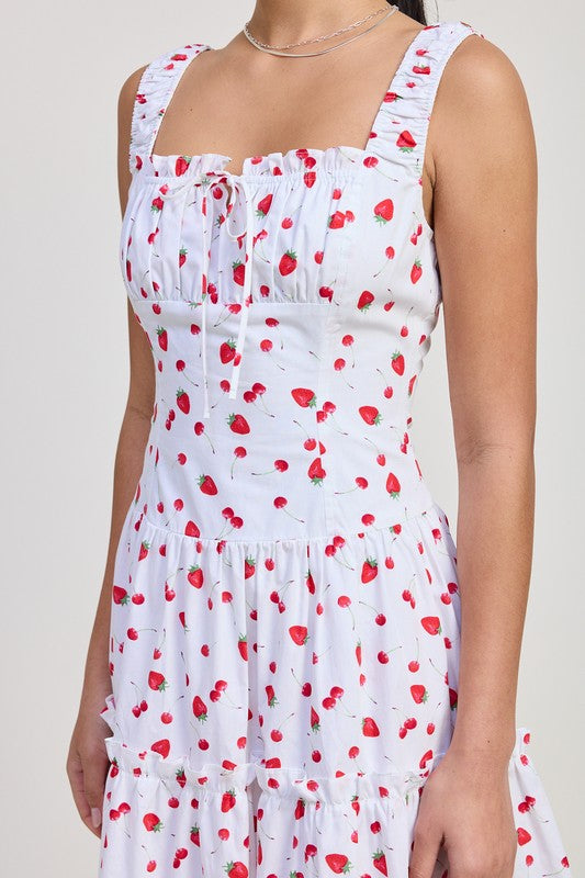 Emory Park white Poplin Midi A-Line Dress with red cherry print and ruched straps