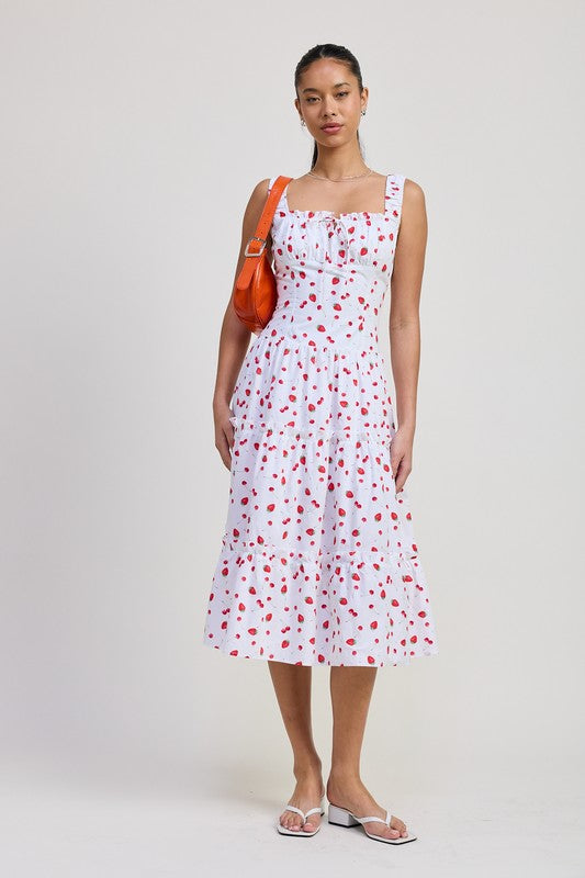 Emory Park Poplin Midi A-Line Dress in white with red floral print and square neckline