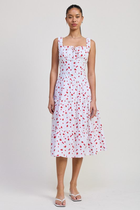 Emory Park Poplin Midi A-Line Dress white with red floral print and square neckline