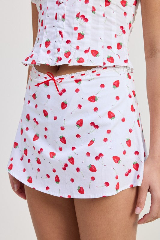 Emory Park Poplin Print Red Mini Skirt With Ribbon Trim featuring a fun strawberry pattern