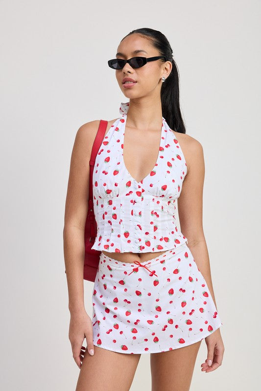 Emory Park Poplin Print Mini Skirt With Ribbon Trim in red floral pattern, paired with matching top
