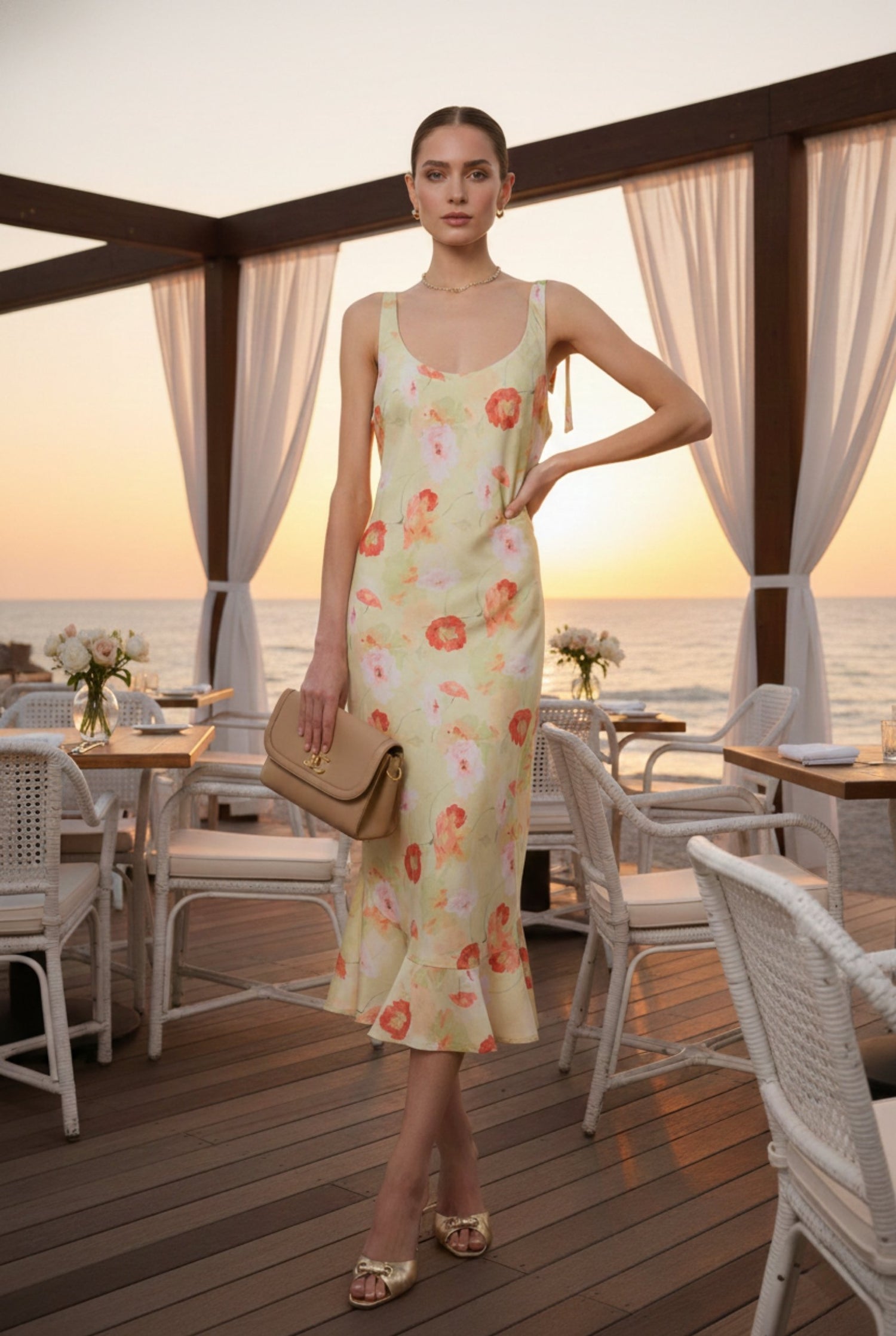 Model wearing Emory Park Printed Satin Light Green Midi Dress with heels and clutch posing at beach restaurant by ocean