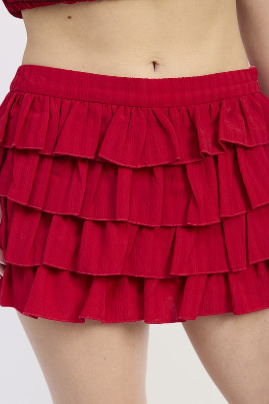 Emory Park red Tiered Ruffle Mini Skirt with multiple layered ruffles and elastic waistband