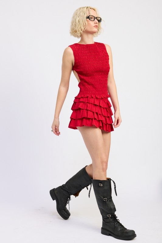Emory Park red Tiered Ruffle Mini Skirt worn with matching top and black boots