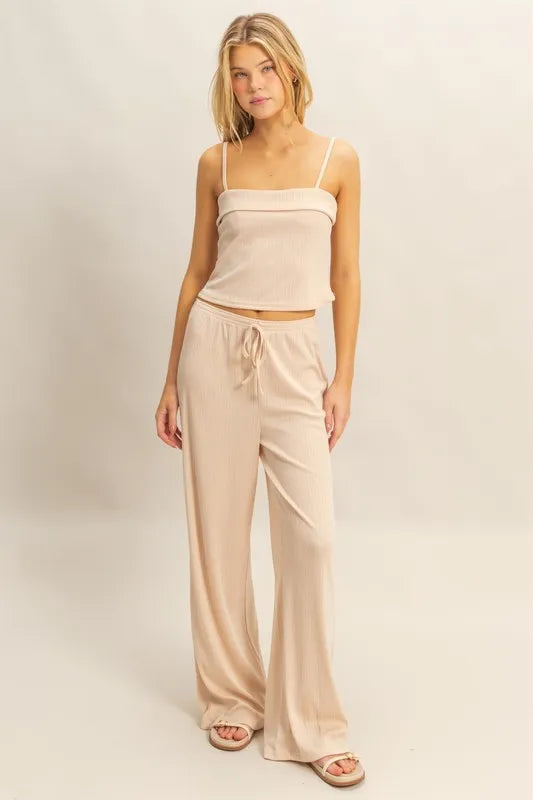Rib Knit Cami & Pants Set in light beige with a relaxed fit and adjustable straps