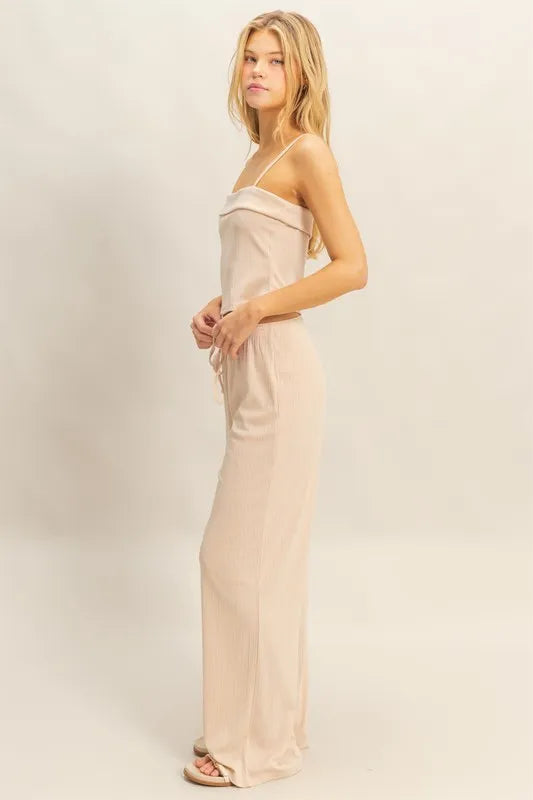 Rib Knit Cami & Pants Set in Beige for stylish and comfortable casual wear