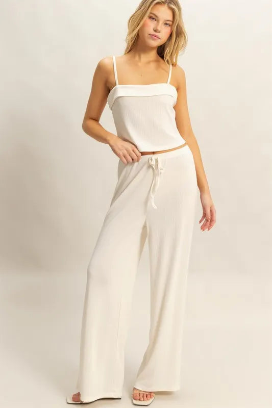 Rib Knit Cami & Pants Set in Cream for Comfortable Casual Style