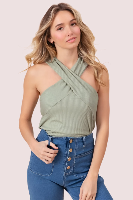 Ribbed Cross Neck Top in Sage Green for a Stylish Summer Look