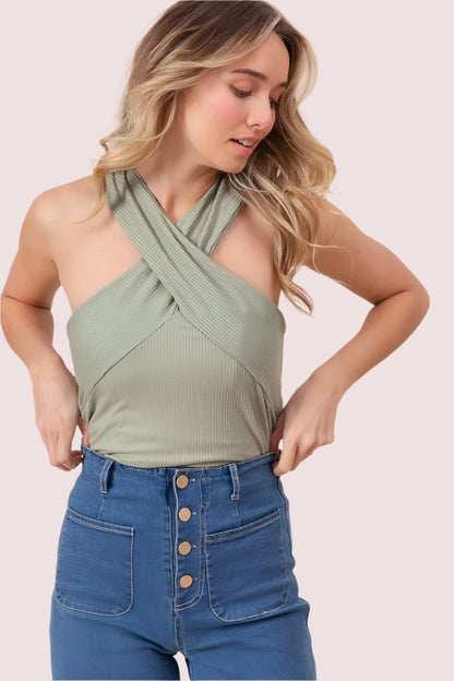 Bibi Ribbed Cross Neck Top in Olive Green with Stylish Crisscross Design