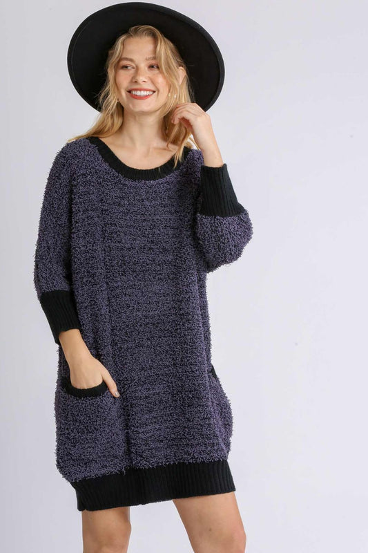 Trendy Ribbed Hem Sweater Dress in Purple with Comfortable Pockets and Cozy Fit