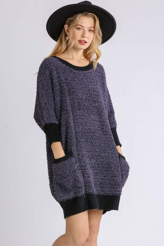Ribbed Hem Sweater Dress in Purple with Front Pockets and Loose Fit for Casual Style