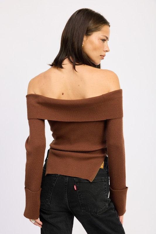 Emory Park Ribbed Off-Shoulder Sweater With Zipper brown knit back view on model with foldover neckline