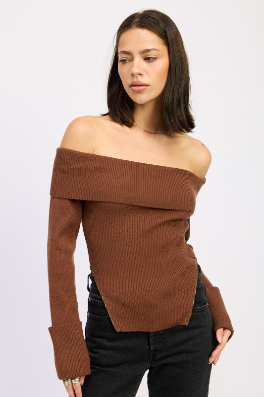 Model wearing brown Ribbed Off-Shoulder Sweater With Zipper by Emory Park fitted ribbed long sleeves