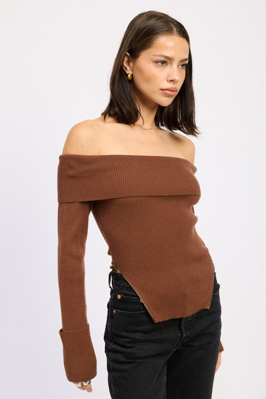 Emory Park Ribbed Off-Shoulder Sweater With Zipper brown ribbed knit top with side zipper and fitted silhouette