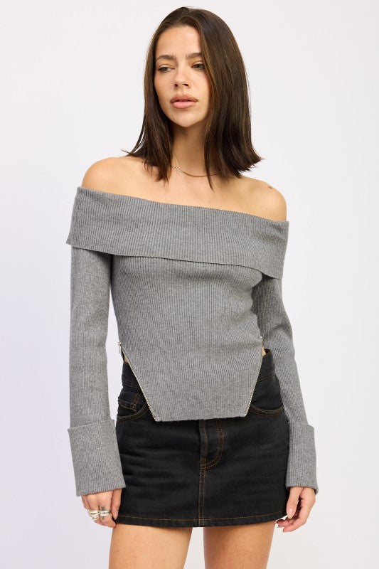 Emory Park Ribbed Off-Shoulder Sweater With Zipper gray ribbed knit top styled off shoulder with long cuffs