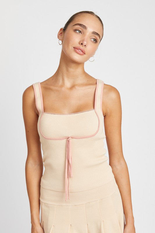 Emory Park beige Ribbed Tank Top With Contrasted Seam featuring square neckline and front tie detail