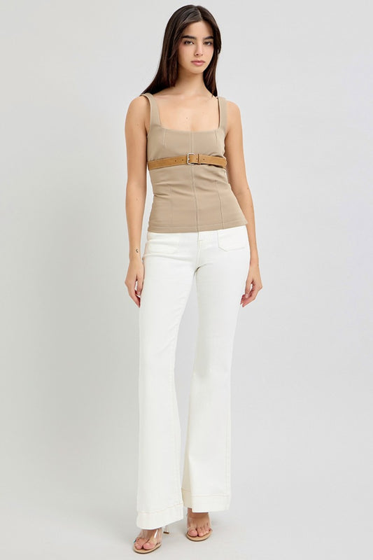 RISEN High Rise Front Patch Pocket Flare Jeans in white with a stylish fitted top for a trendy look