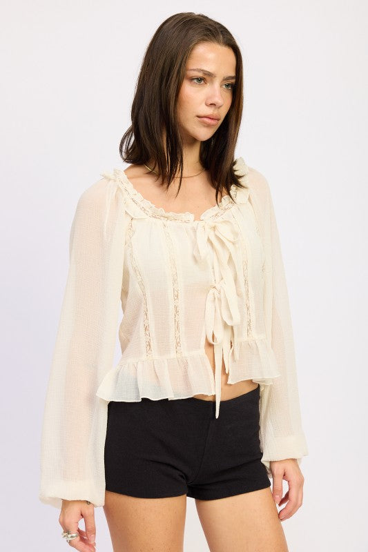 Emory Park Round Neck Long Sleeve Flared Blouse with Ruffled Details and Tie Closure