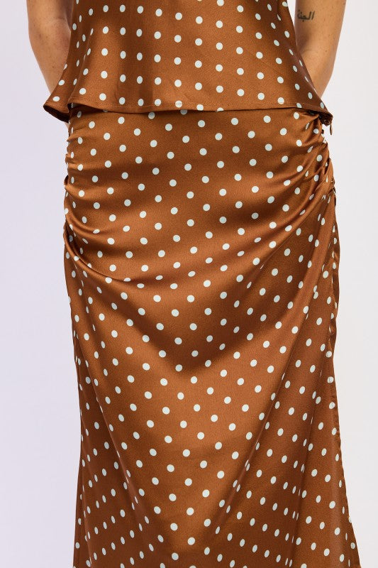 Emory Park Ruched Satin Maxi Skirt in Brown with White Polka Dots for Elegant Casual Wear