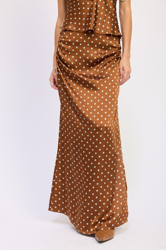 Emory Park Ruched Satin Maxi Skirt in Brown with White Polka Dots for Elegant Fashion Styles