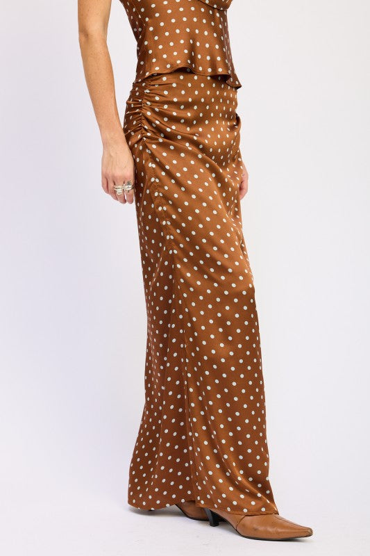 Ruched Satin Maxi Skirt in Brown with White Polka Dots for Elegant Styling