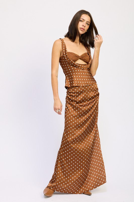 Emory Park Ruched Satin Maxi Skirt in Brown with Polka Dots for Elegant Styling