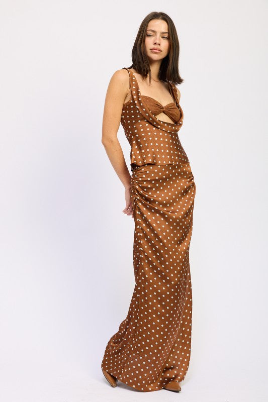 Ruched Satin Maxi Skirt in Brown with Polka Dots, ideal for stylish and elegant evening wear