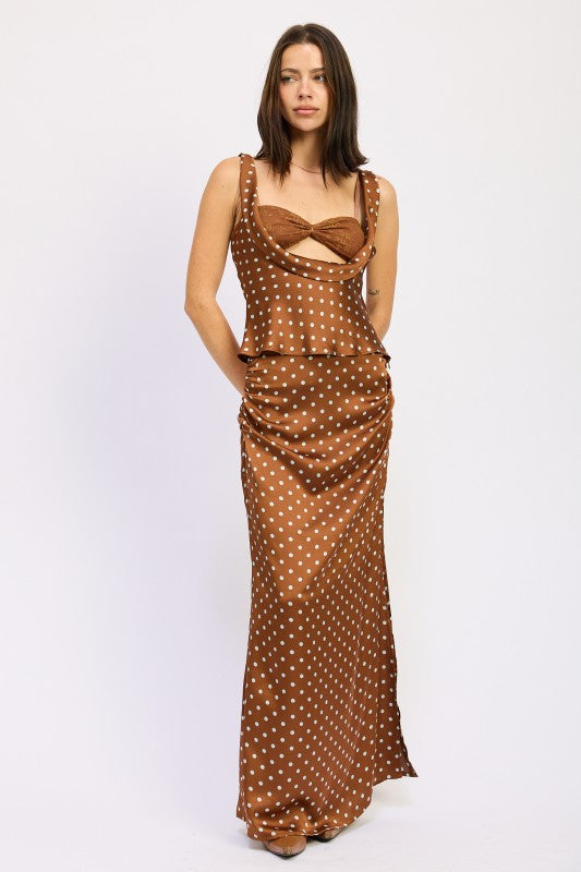 Emory Park Ruched Satin Maxi Skirt in Brown with White Polka Dots for Elegant Fashion Looks