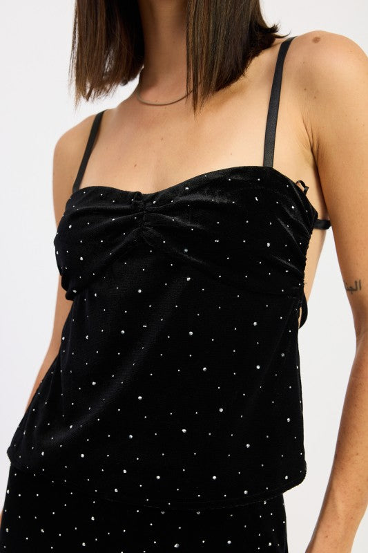 Ruched Velvet Top With Rhinestones in Black, featuring a chic design and adjustable straps
