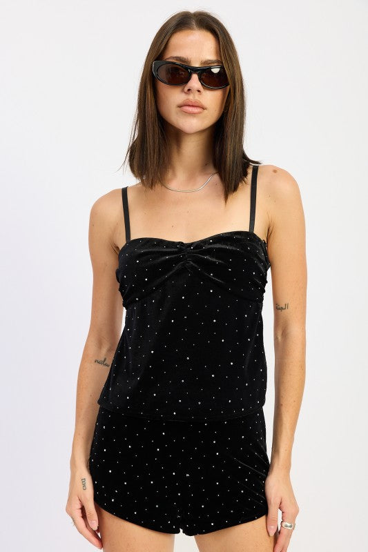 Emory Park Ruched Velvet Top With Rhinestones in black, featuring a stylish design and adjustable straps