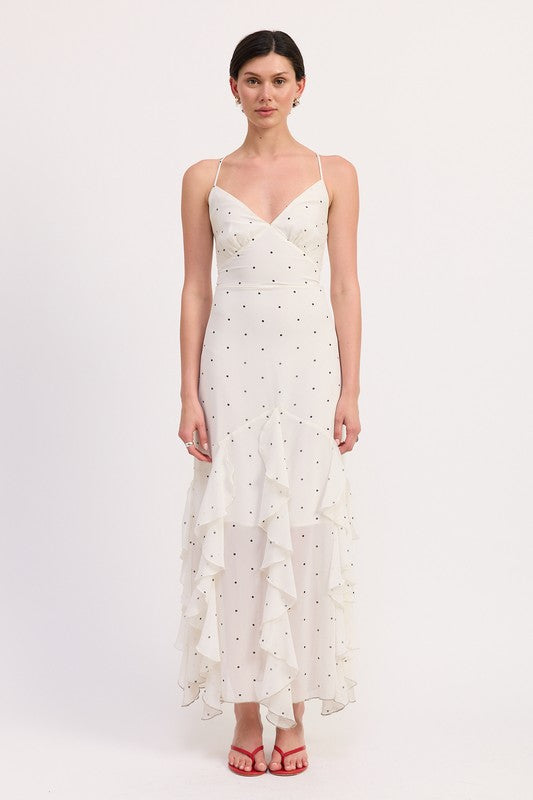 Emory Park white Ruffled Wrap Maxi Dress With Cross Back featuring delicate black polka dots and tiered ruffle hem