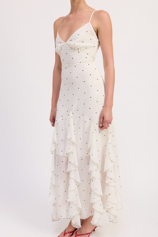 Emory Park Ruffled Wrap Maxi Dress With Cross Back in white with black polka dots and ruffle details