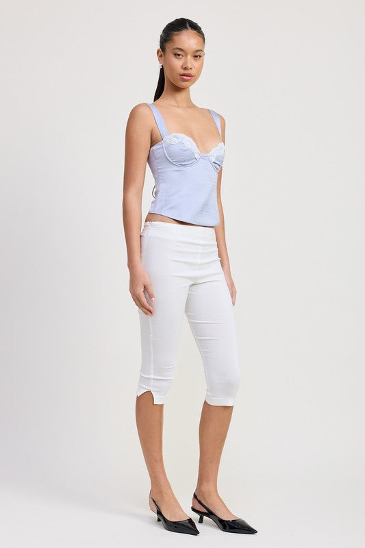 Emory Park Satin Bustier Top With Lace Detail in light blue worn with white cropped pants and black heels