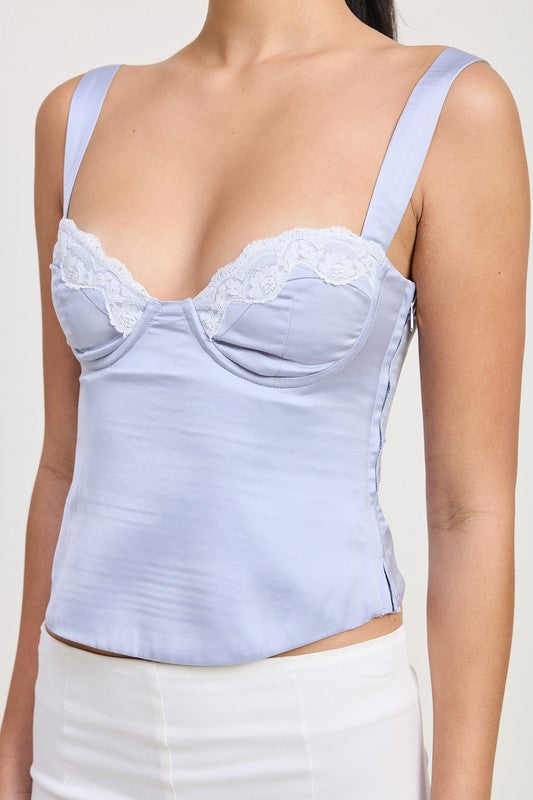 Emory Park Satin Bustier Top With Lace Detail in light blue with adjustable straps and structured cups