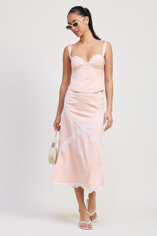 Emory Park Satin Bustier Top With Lace Detail in blush pink styled with matching skirt and sunglasses