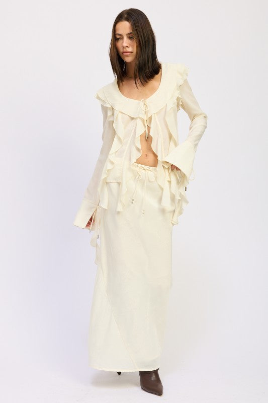 Emory Park Satin Maxi Skirt With Drawstring paired with a ruffled blouse for a stylish outfit