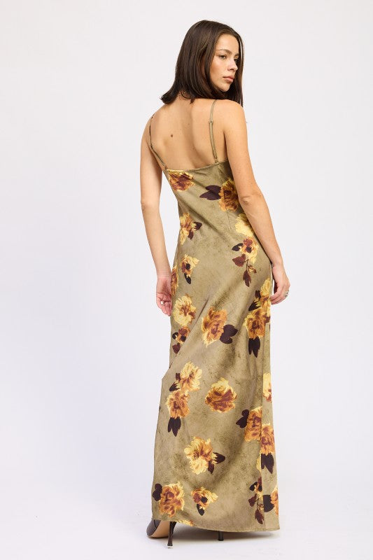 Emory Park Satin Midi Slip Dress in Floral Print with Adjustable Straps and Elegant Flow
