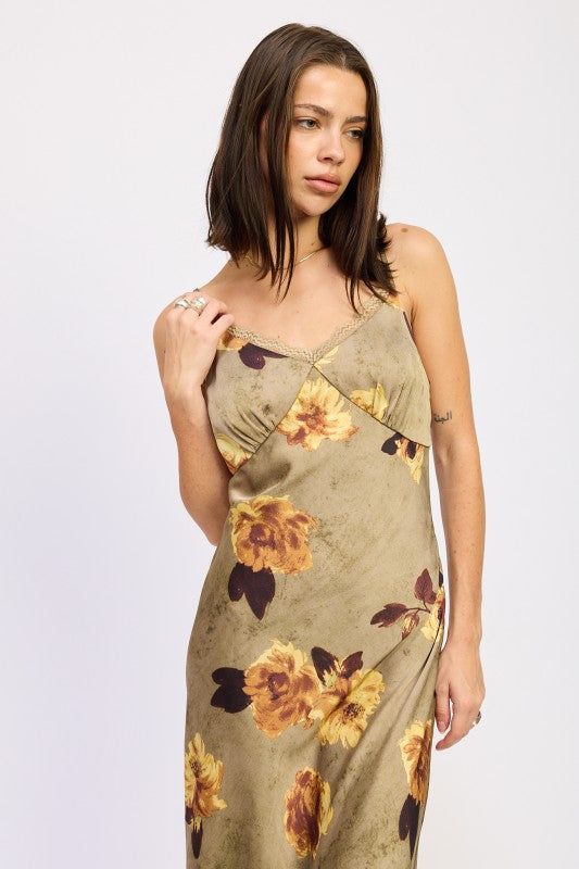 Emory Park Satin Midi Slip Dress in Olive Green with Floral Print for Elegant Style