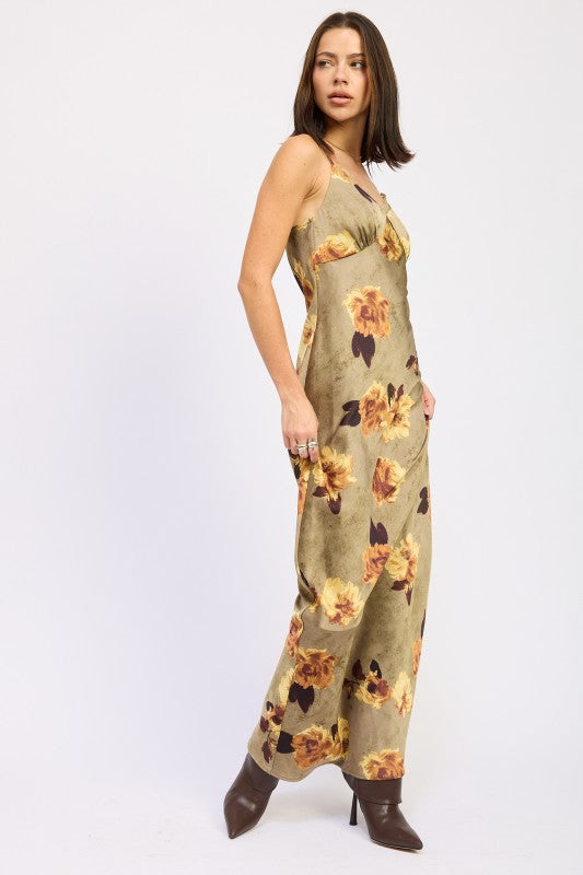 Emory Park Satin Midi Slip Dress in Olive with Floral Print, Perfect for Casual or Formal Events